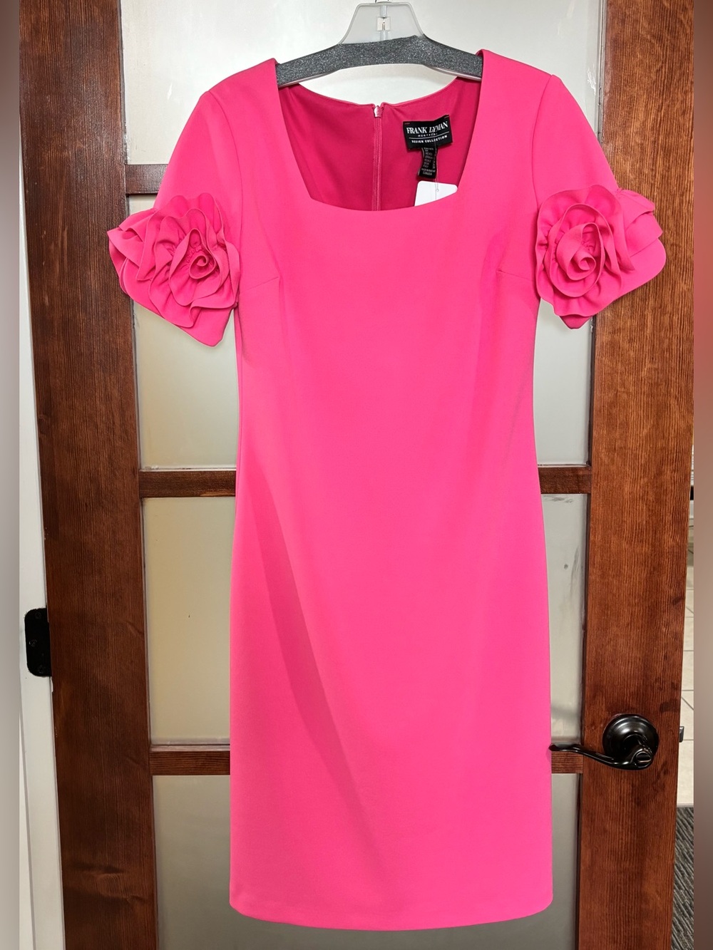 Frank Lyman Design Vibrant Pink Midi Dress with Rosette Sleeves